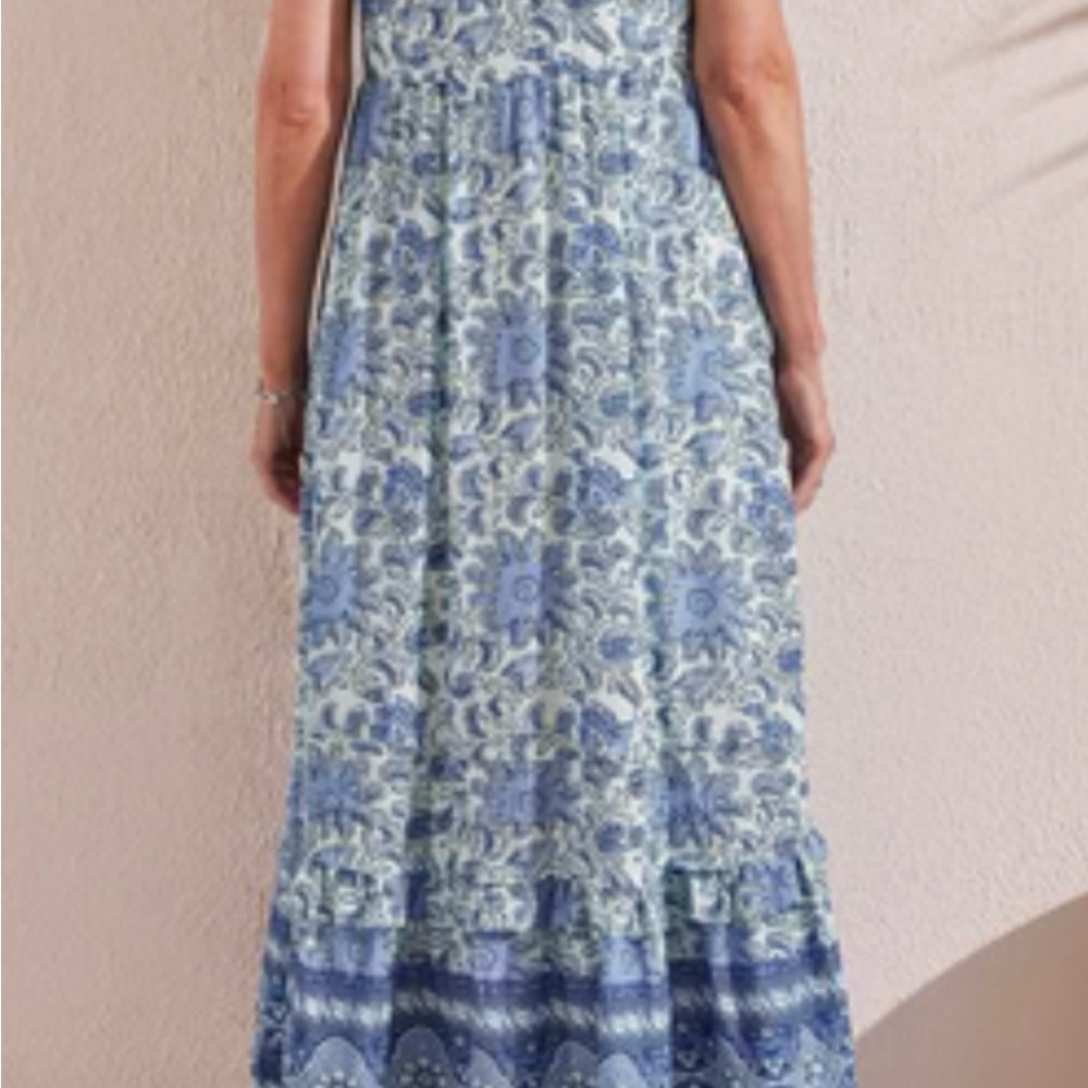 Tribal Blue and White  Maxi Sundress Large new with tags - Picture 2 of 11
